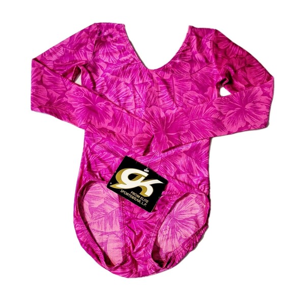 GK Elite VTG Pink Magenta Hawaiian Floral V-neck LS Leotard Bodysuit, AS Adult S - Picture 2 of 16